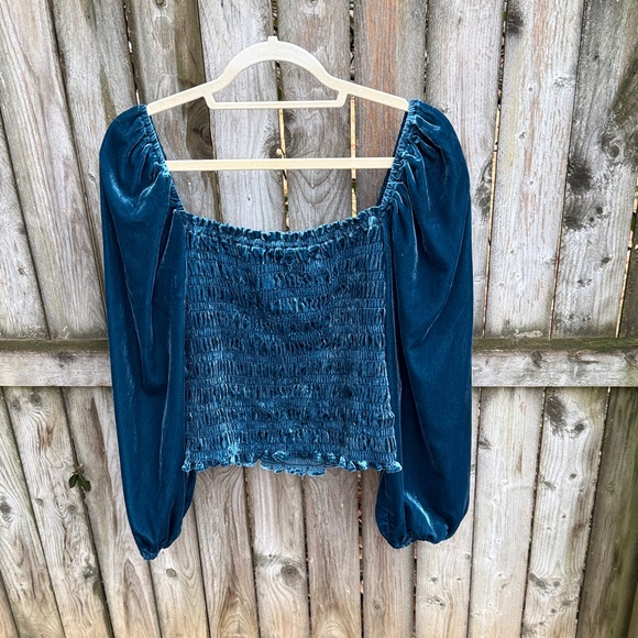 Anthropologie Puff-sleeved Velvet Blouse Top smocked Aqua Blue teal romantic L - Picture 5 of 13